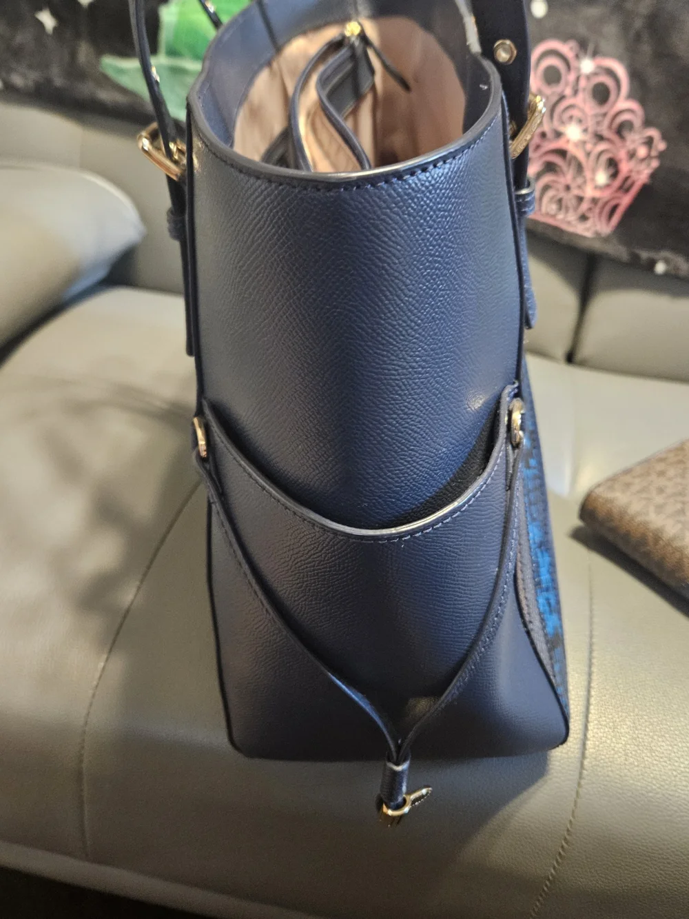 Michael Kors Blue and Brown Signature Tote with Snake-Print Accent And Wallet